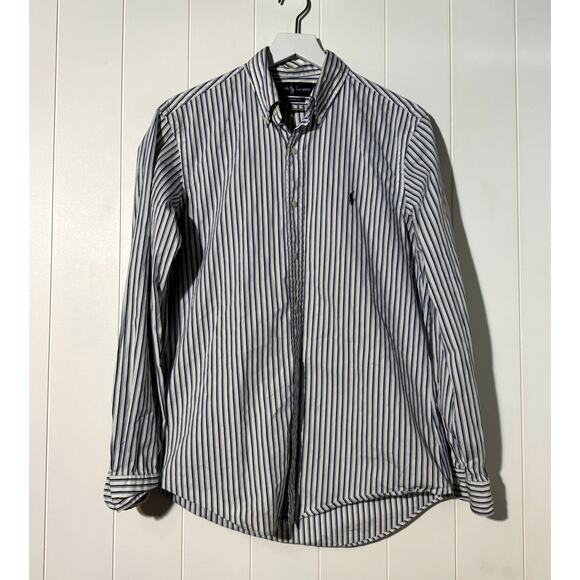 Ralph Lauren Mens Custom Fit Button Down Blue White Striped Shirt Size Medium - Picture 2 of 9